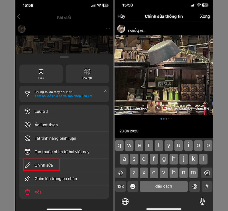 Nhấn chọn mục Chỉnh sửa để tùy chỉnh bài đăng Instagram