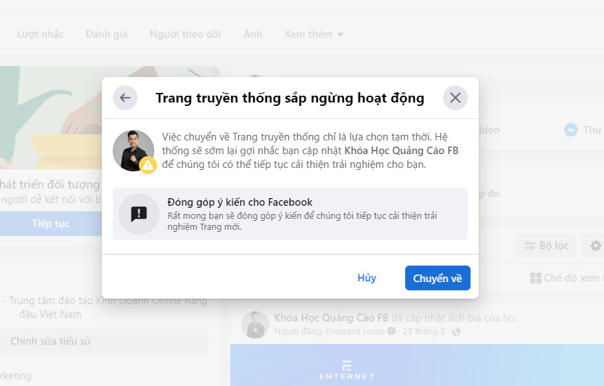 Thực hiện chuyển page profile về page truyền thống