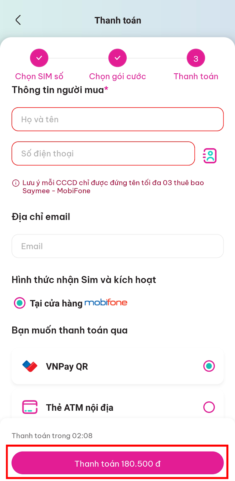 Cách mua SIM Saymee trên App Bước 6