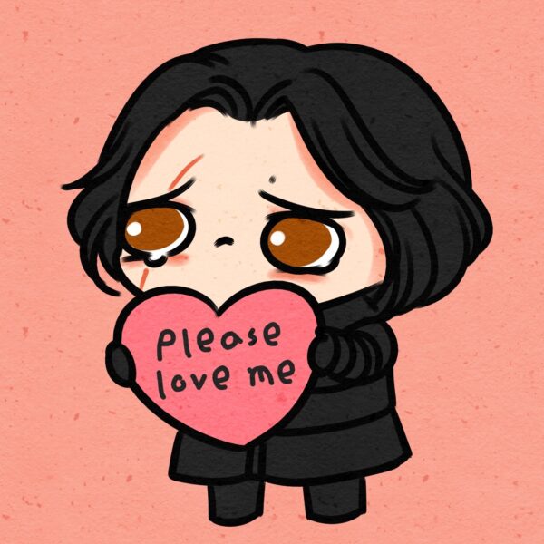 Ảnh chibi giang hồ buồn giơ trái tim có dòng chữ please love me