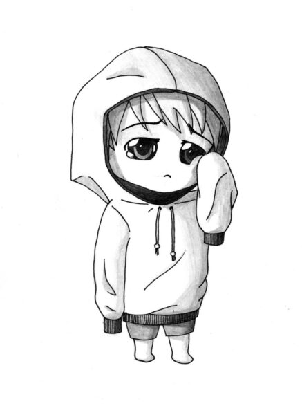 Hình chibi chàng trai mặc áo hoodie khóc mếu cực đáng yêu