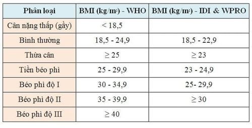 Bảng phân loại mức độ gầy - béo của một người dựa vào chỉ số BMI