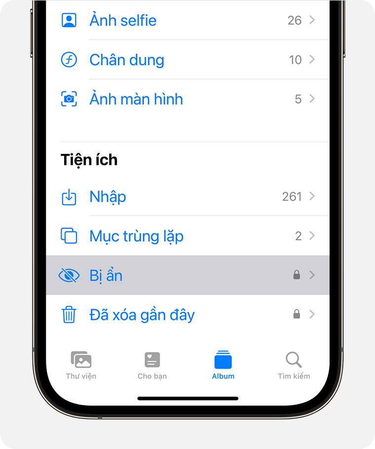 Album Bị ẩn được đánh dấu trong mục Tiện ích.