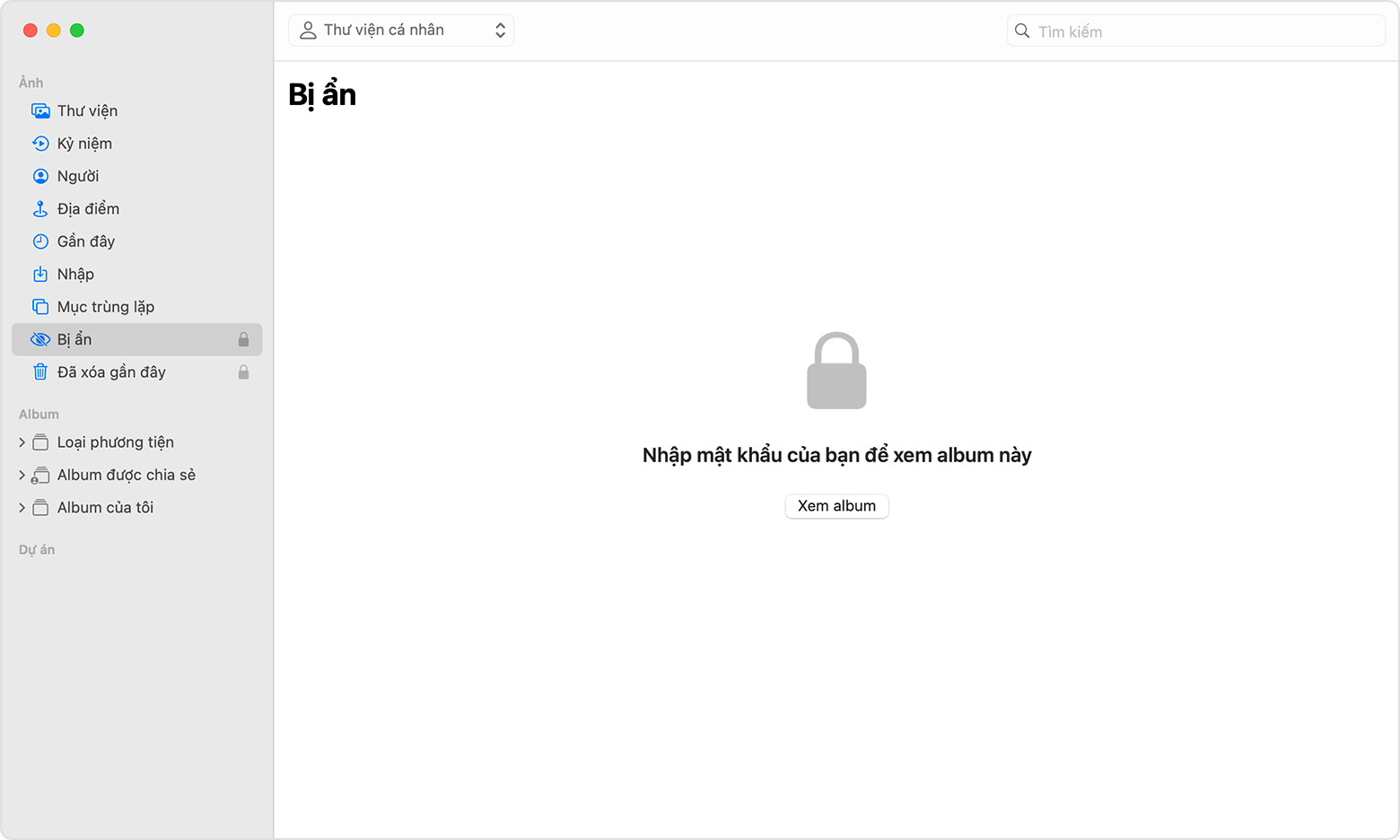 Album Bị ẩn được đánh dấu trong ứng dụng Ảnh trên macOS.