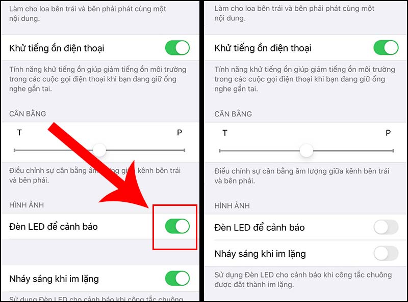 Kéo mục Đèn LED để cảnh báo sang trái