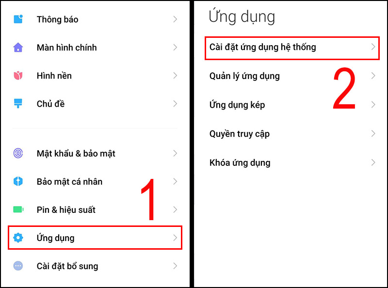 Truy cập Cài đặt ứng dụng hệ thống trong phần Ứng dụng