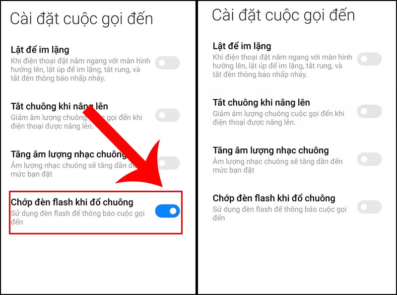 Kéo mục Chớp đèn flash khi đổ chuông sang trái.