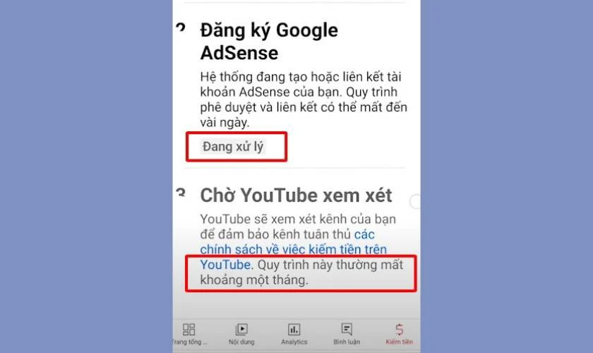 chờ phê duyệt kiếm tiền trên youtube