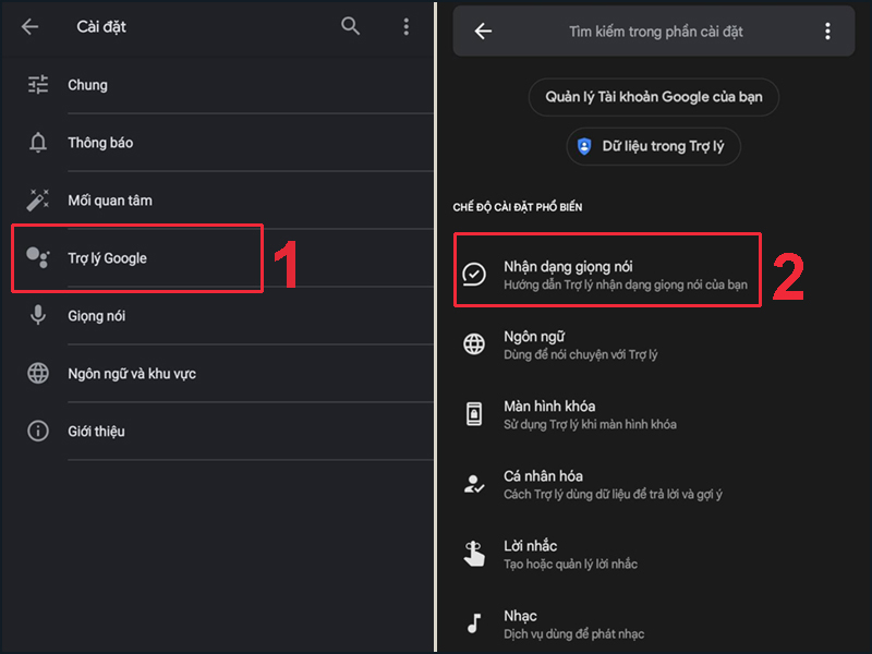 Chọn Nhận dạng giọng nói để bật tính năng nhận giọng nói cho trợ lý Google