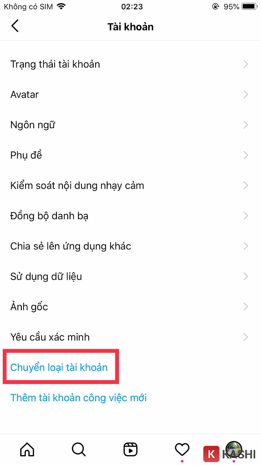 Nhấn chọn “Chuyển loại tài khoản”