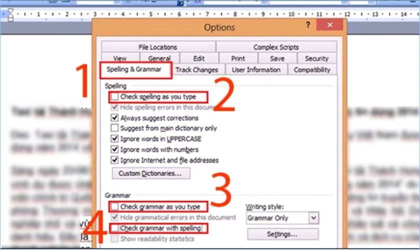 vào Spelling & Grammar, bỏ chọn các mục kiểm tra chính tả