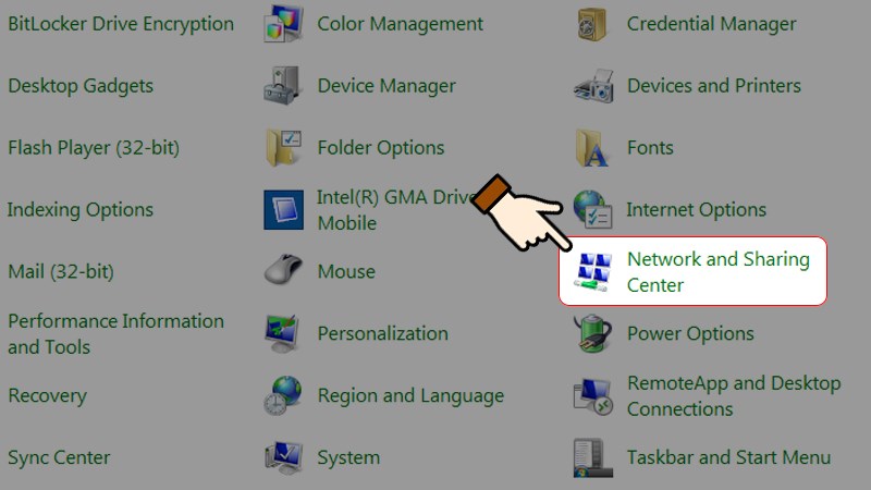 Nhấn chọn Network and Sharing Center