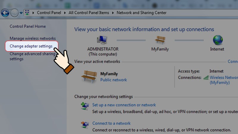 Nhấn chọn vào mục Change adapter settings