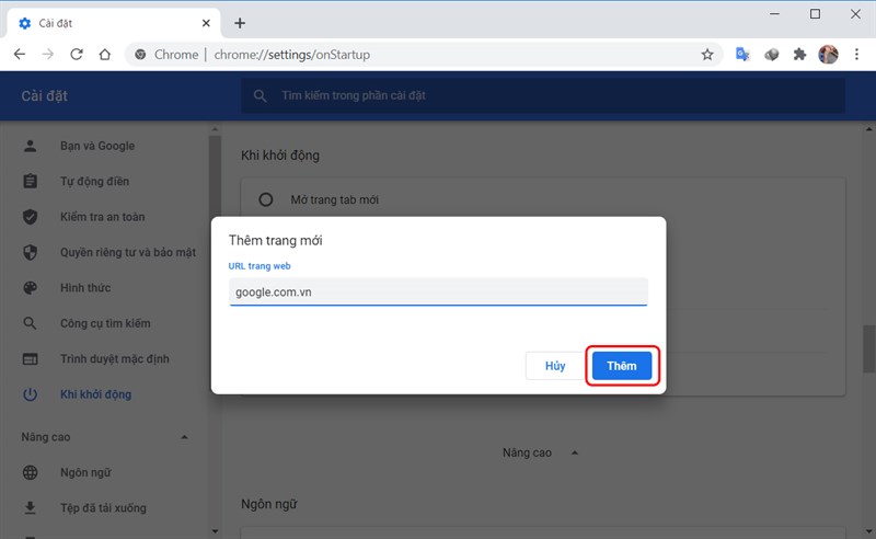 Bạn hãy nhập địa chỉ trang web Google và nhấn nút Thêm để lưu lại.