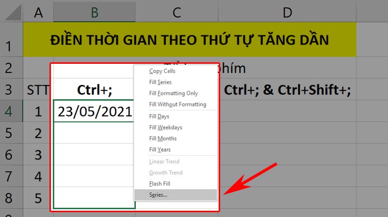 Dùng chuột phải kéo Fill Handle và chọn options Series...