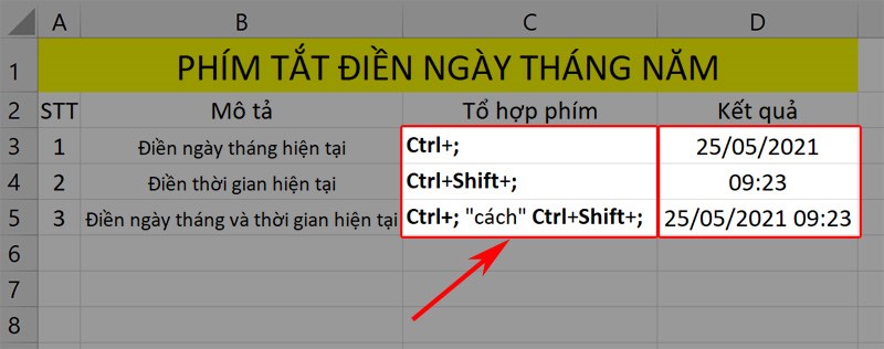 Điền thời gian hiện tại bằng tổ hợp phím tắt