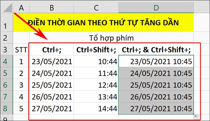 Nhấn tổ hợp phím cần dùng và kéo trỏ chuột cho các dữ liệu còn lại