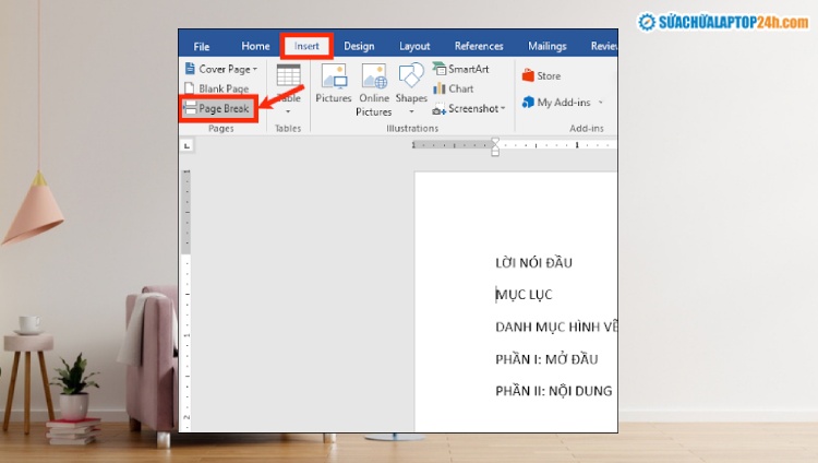 Chọn Page Break để ngắt trang trong Word