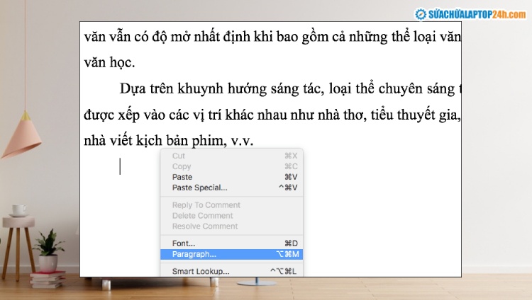 Chọn Paragraph trong menu chuột phải