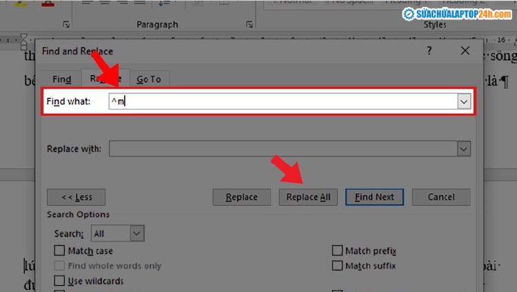 Nhấn Replace All là bạn đã bỏ ngắt trang hàng loạt