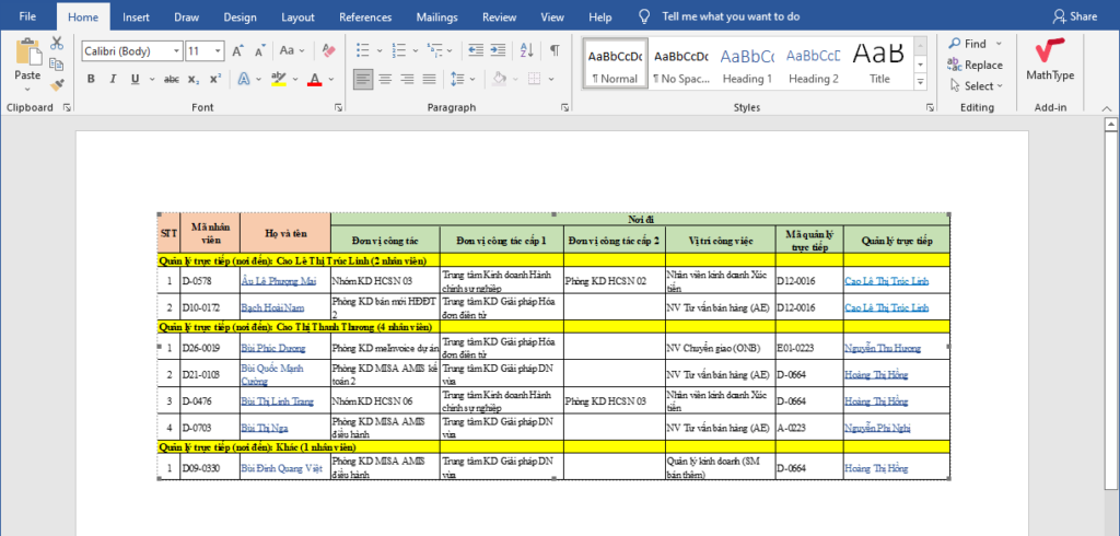 chèn file excel vào word