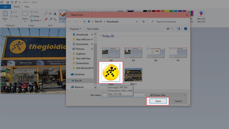 Chọn logo cần chèn vào ảnh > Chọn Open