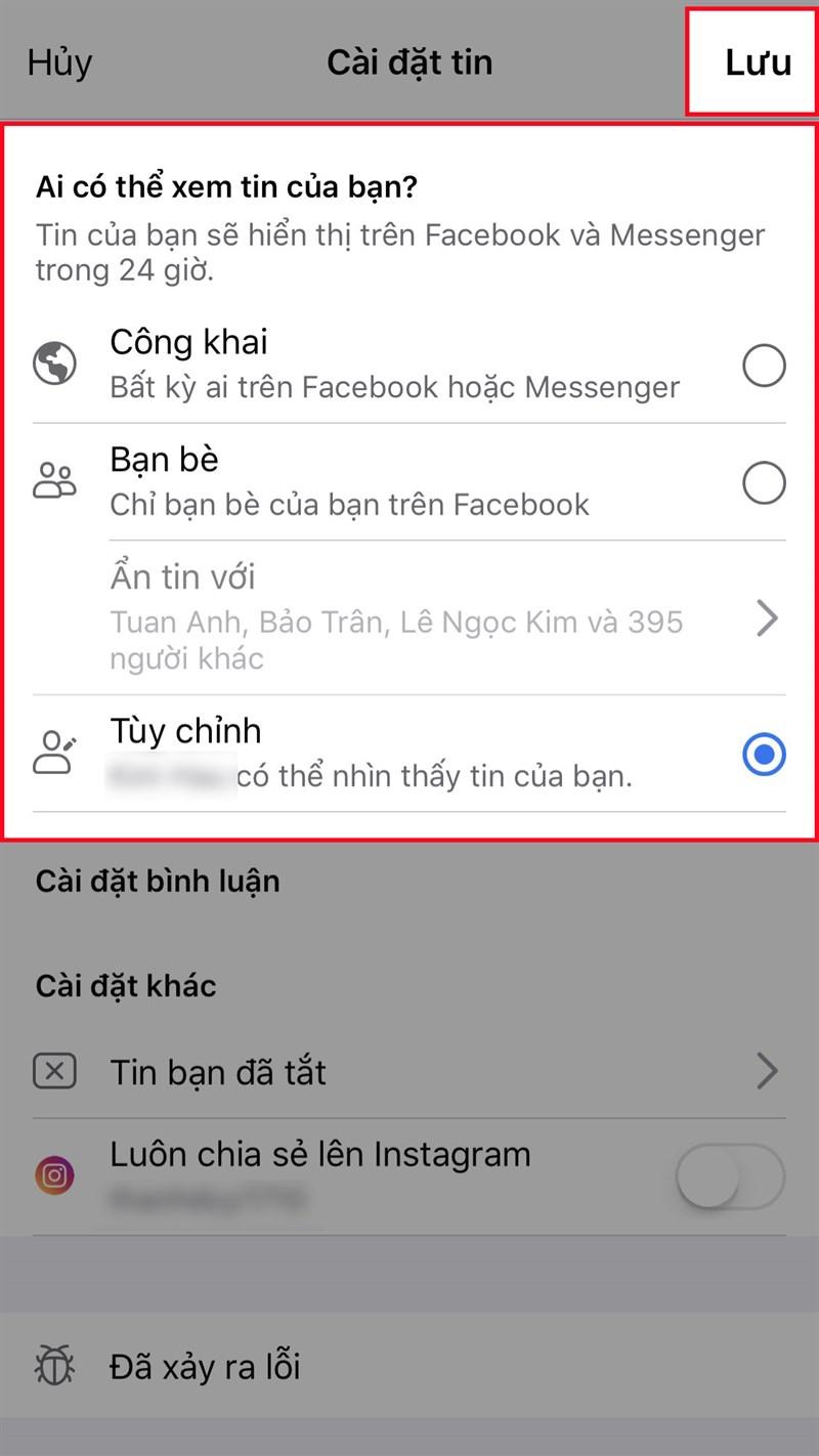 Chọn đối tượng có thể xem tin của bạn > Nhấn Lưu