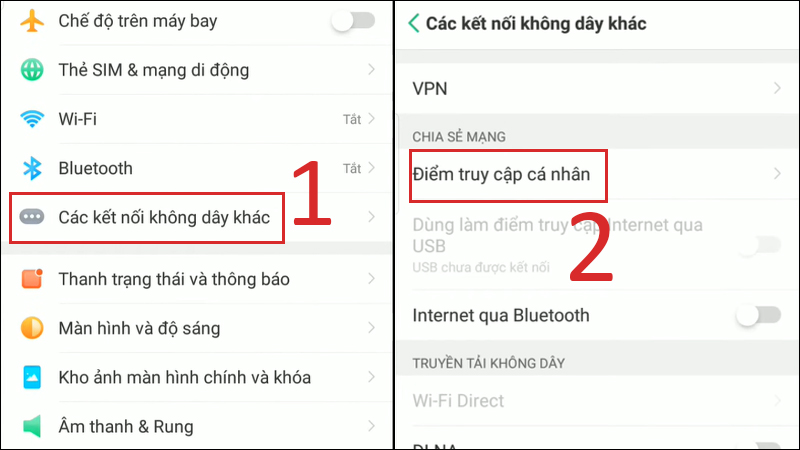 Bật 3G/4G trên OPPO và vào Cài đặt, chọn các kết nối không dây khác