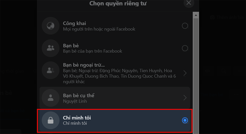 Tùy chọn đối tượng xem danh sách bạn bè Facebook trên máy tính