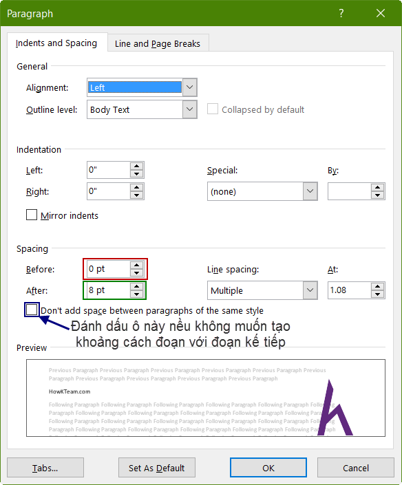 Hiển thị giao diện thiết lập khoảng cách đoạn trong hộp thoại Paragraph Settings