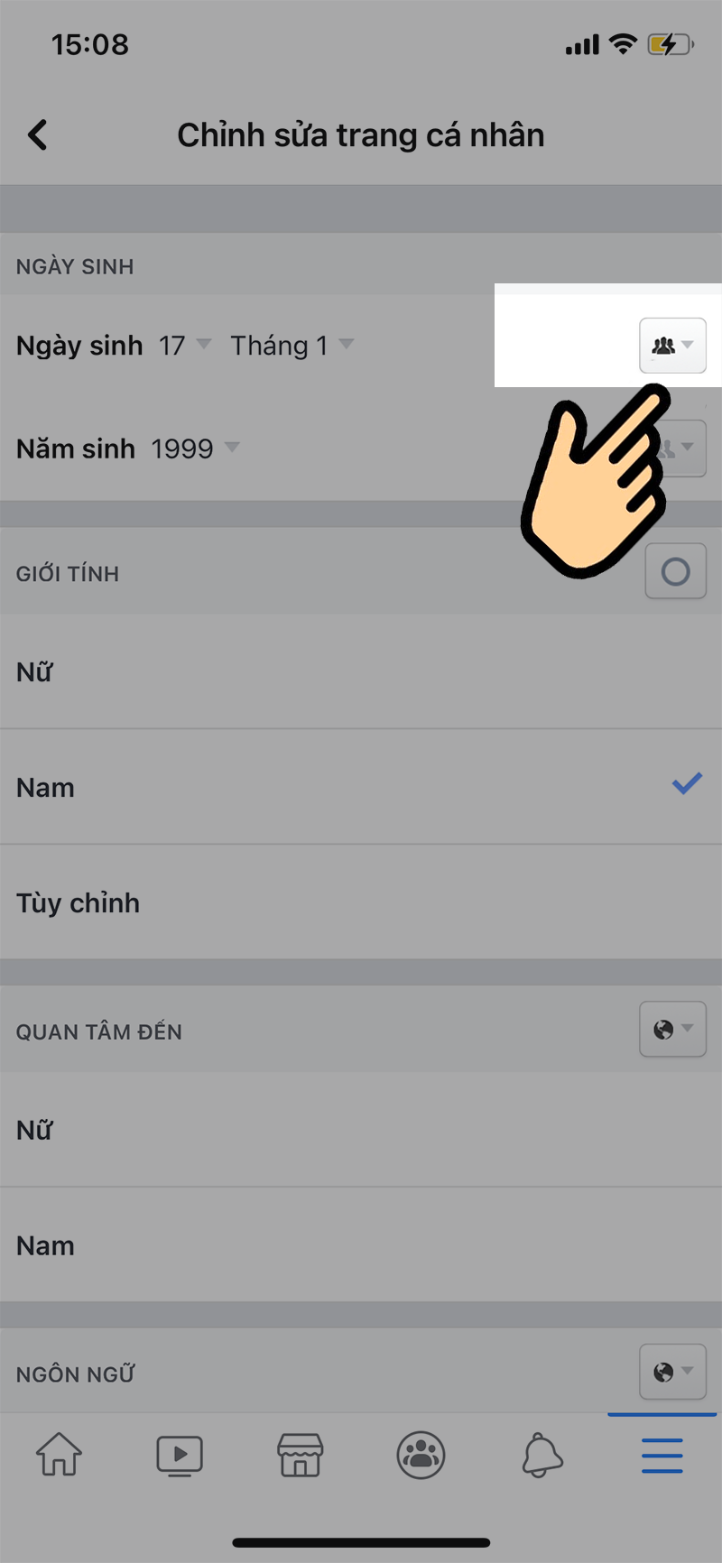 Click vào biểu tượng icon bên cạnh ngày sinh