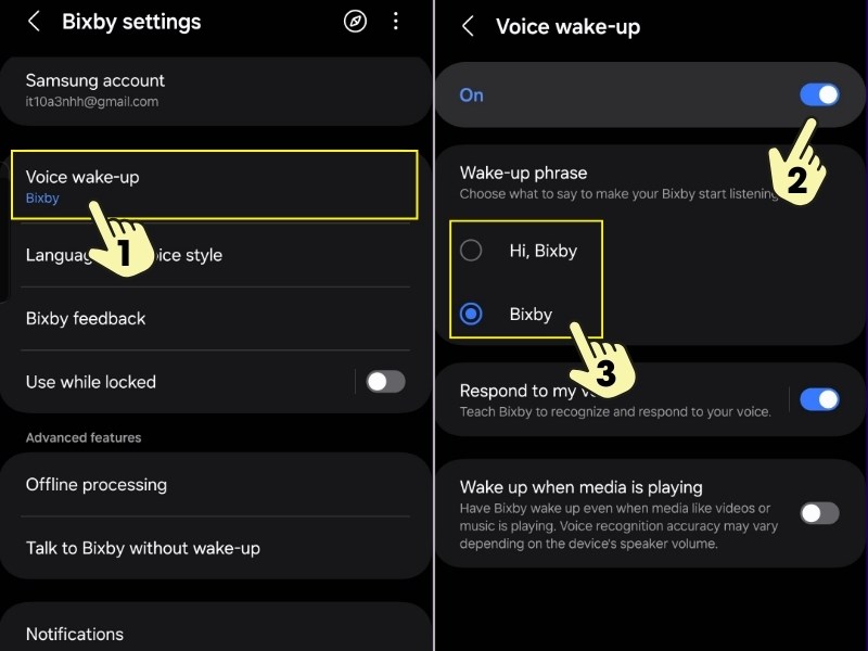 Bật Voice wake-up để gọi Bixby