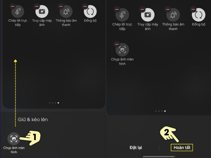 Kéo thả biểu tượng Chụp ảnh màn hình từ phím sẵn có lên menu mở rộng, bấm Hoàn Tất