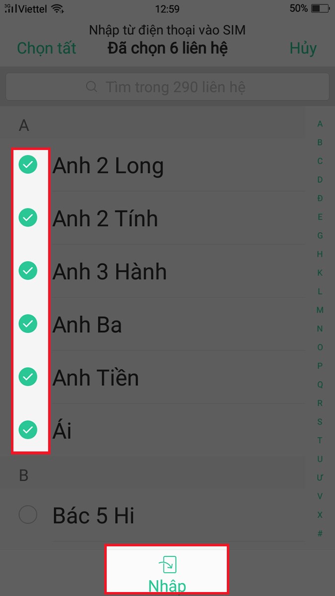 chọn các số liên hệ muốn chuyển từ máy sang SIM