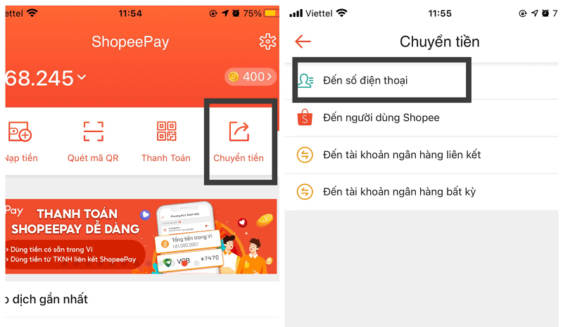 Chuyển tiền từ ShopeePay sang số điện thoại của người khác đã đăng ký shopee pay bước 2