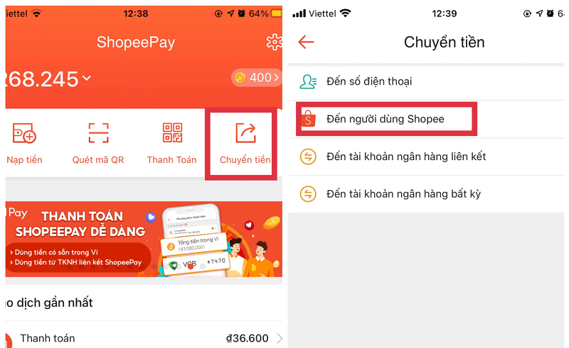 Chuyển tiền từ ShopeePay sang tên đăng nhập shopee khác bước 2