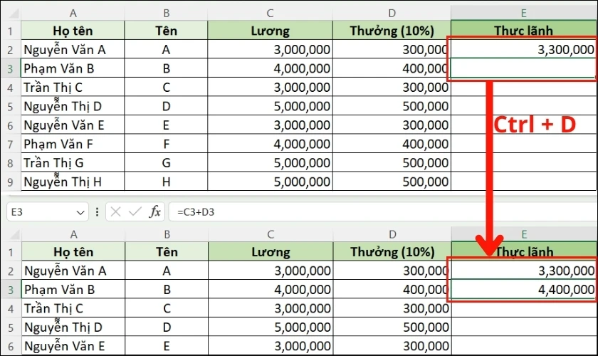 copy công thức trong excel đến ô bên dưới