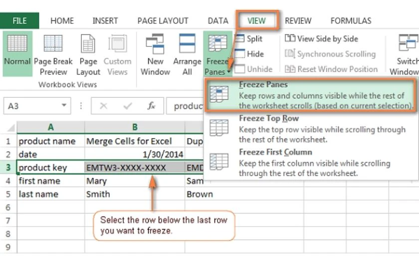 cách cố định dòng trong excel - nhiều dòng