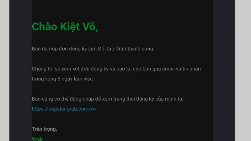 Hãy đợi email thông báo thông tin của nhà tuyển dung Grab nhé!