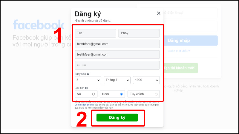 Nhập các thông tin của tài khoản Facebook rồi chọn Đăng ký