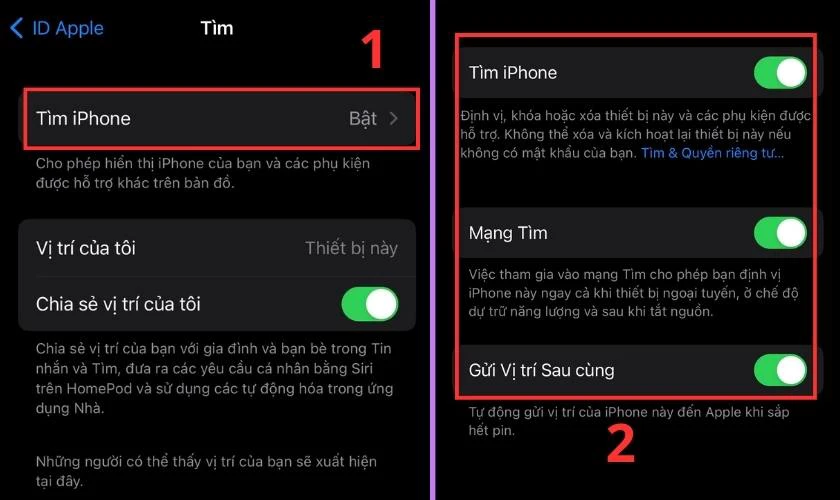 Chọn tiếp vào mục Tìm iPhone rồi gạt hết các thanh gạt của 3 tùy chọn