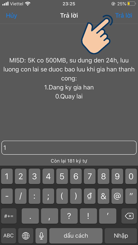 số 1 (Dang ky gia han) và nhấn Trả lời