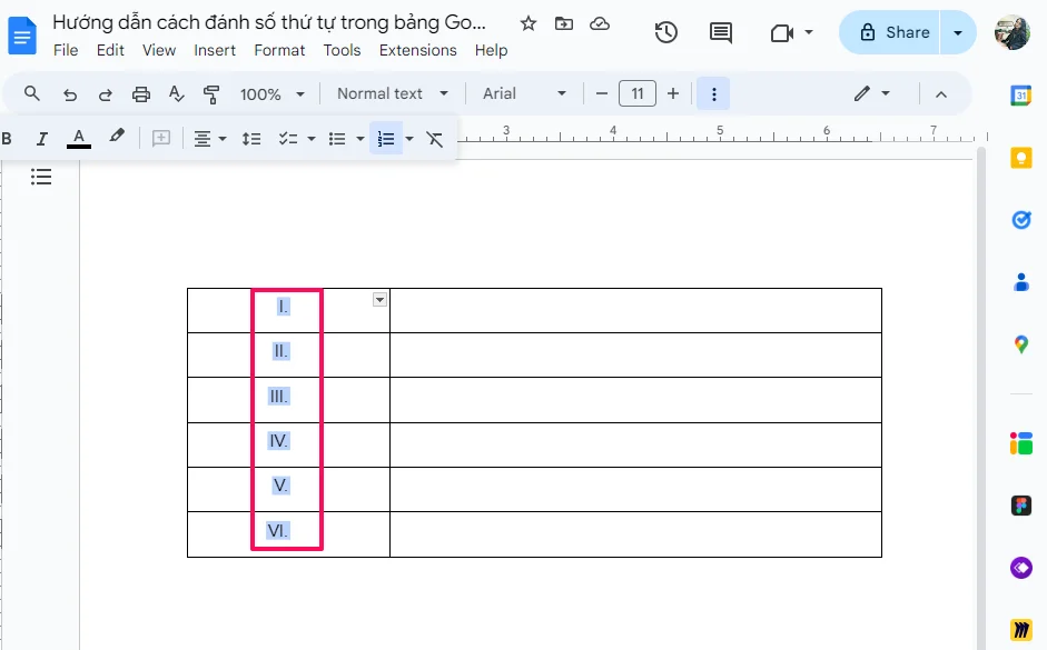 Hướng dẫn cách đánh số thứ tự trong bảng Google Docs cho Newbie