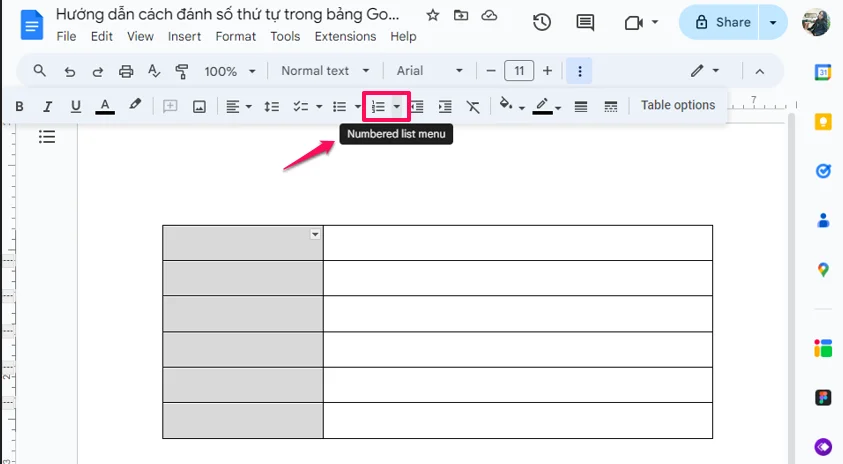 Hướng dẫn cách đánh số thứ tự trong bảng Google Docs cho Newbie