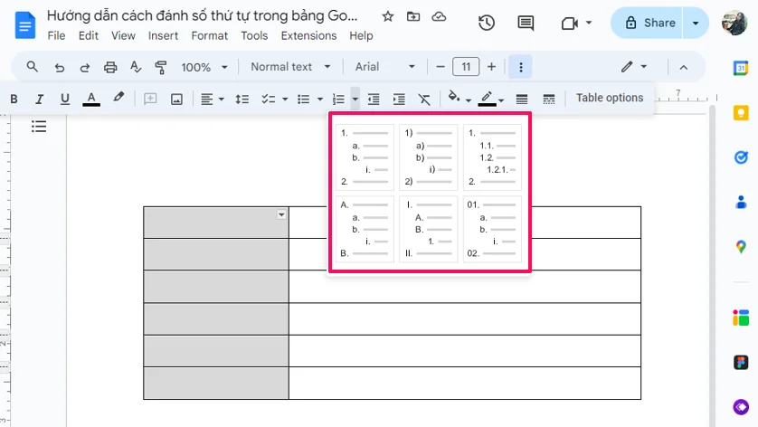 Hướng dẫn cách đánh số thứ tự trong bảng Google Docs cho Newbie