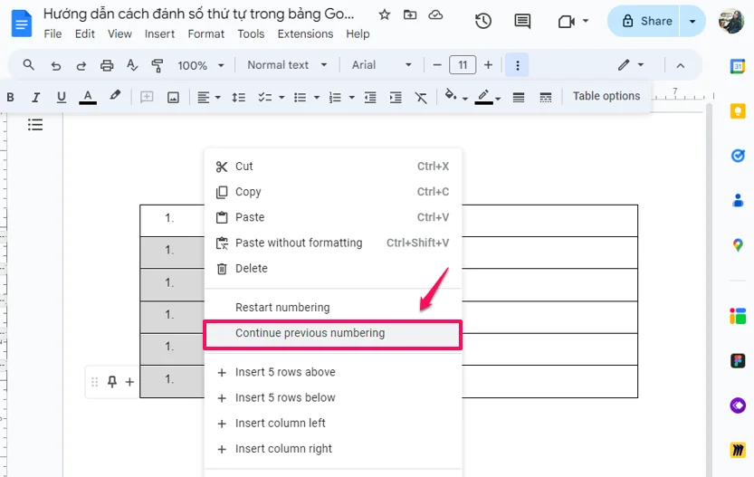 Hướng dẫn cách đánh số thứ tự trong bảng Google Docs cho Newbie