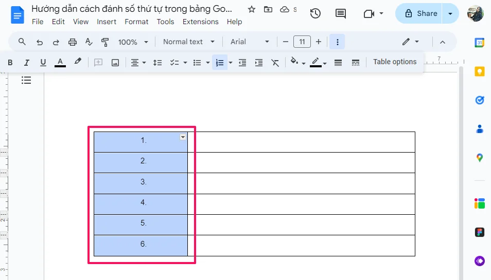 Hướng dẫn cách đánh số thứ tự trong bảng Google Docs cho Newbie