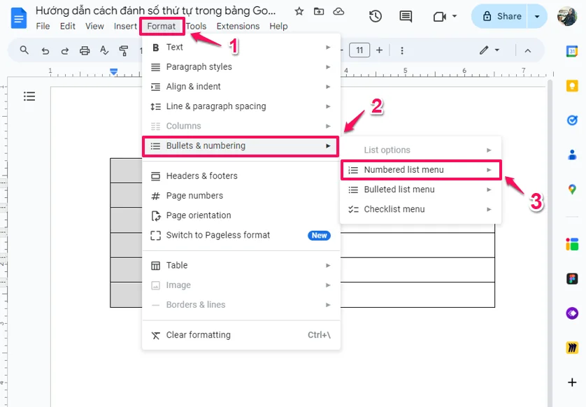 Hướng dẫn cách đánh số thứ tự trong bảng Google Docs cho Newbie