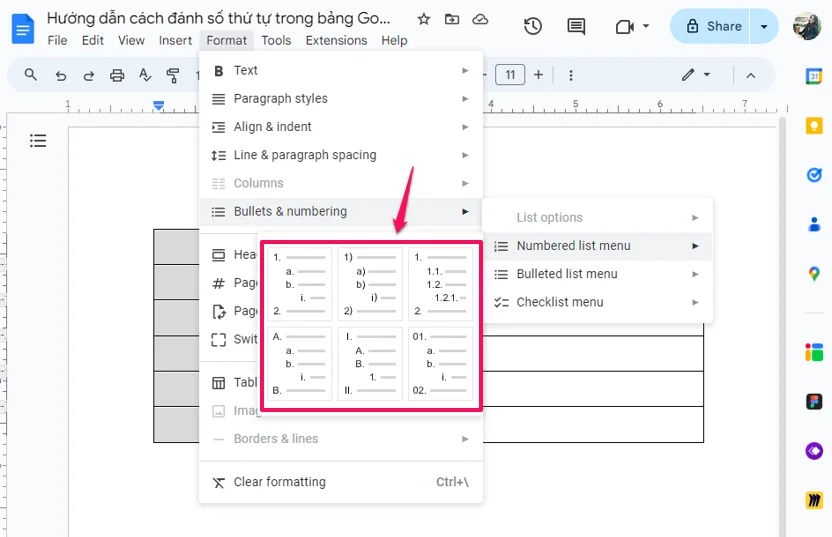 Hướng dẫn cách đánh số thứ tự trong bảng Google Docs cho Newbie