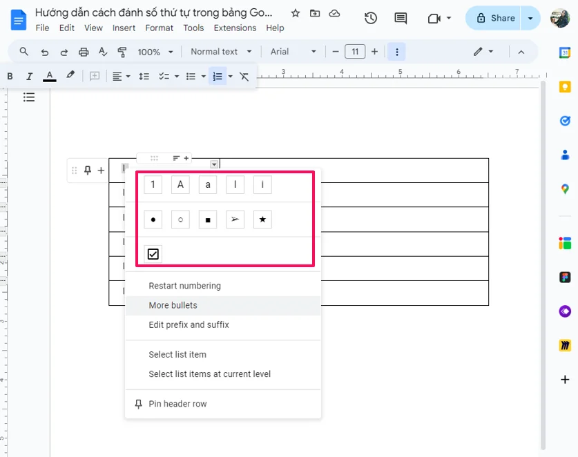 Hướng dẫn cách đánh số thứ tự trong bảng Google Docs cho Newbie